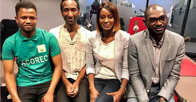 Ibrahim Diallo, membre de l'ACOREC ; Dougokolo Konaré, fondateur et président de l'observatoire Kisal ; Diara Ndiaye et Aziz, polytechnicien en risques environnementaux. #MediaSahel