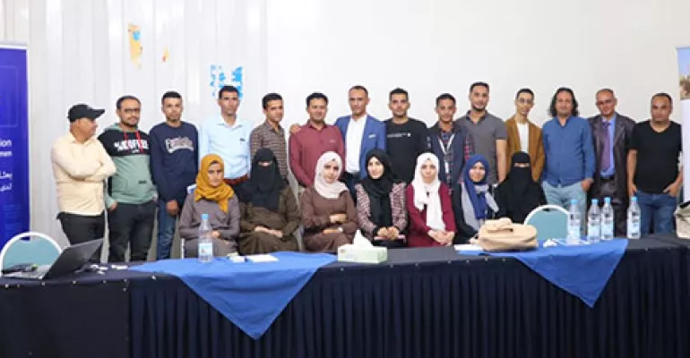 20 journalistes yéménites et des représentants d'ONG réunis autour des moyens d'améliorer la circulation de l'information sur la situation humanitaire au Yémen, 20 février 2020 à Sana'a etTaiz. #YMER